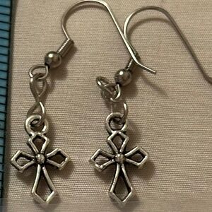 Cross Charm Earrings Stainless Steel Hook Drop Dangle Hand Crafted 1-5/8” Long